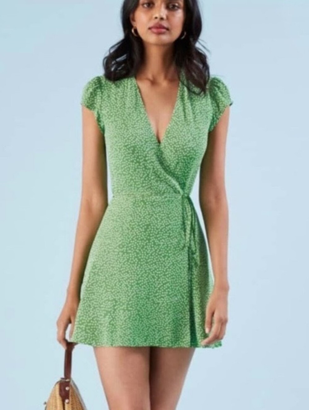 Reformation Green Floral Wrap Tie Mini Dress Sheer Lined Light Size S